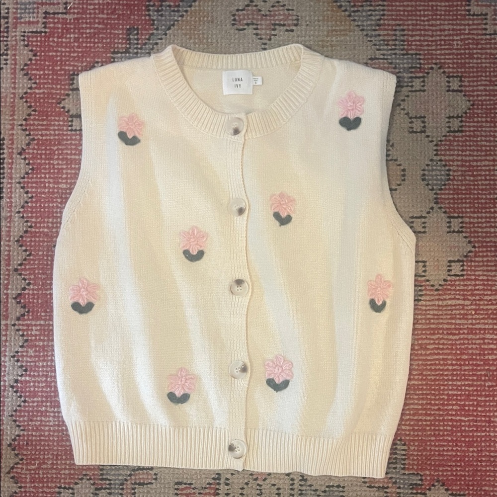 Luna Ivy Cream Floral Knit Button-Up Vest